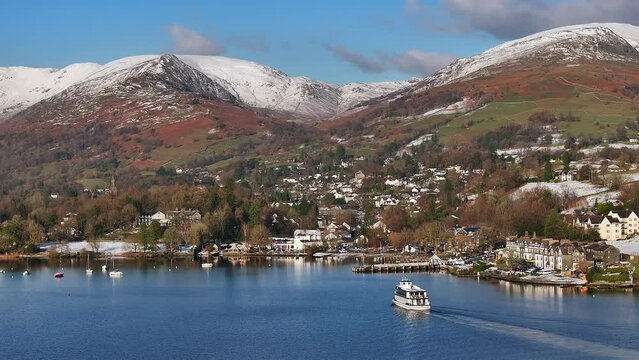 Aerial snow covered landscape around the famous village of Ambleside, Lake District National Park, Cumbria, England