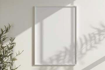 White rectangular vertical frame hanging on a white wall mockup - obrazy, fototapety, plakaty