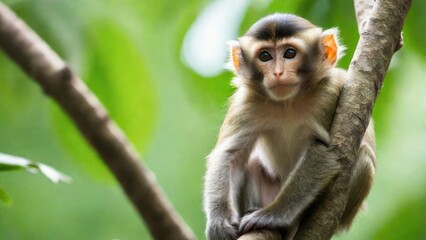 Cute small monkey sitting on branch, looking at camera.  generative, ai.