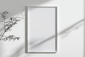 White rectangular vertical frame hanging on a white wall mockup