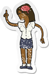 retro distressed sticker of a cartoon woman with clever idea