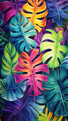 Colorful tropical leafs pattern. Pencil, hand drawn natural illustration