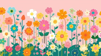 Fototapeta na wymiar kids wallpaper of flowers, flat design, colorful