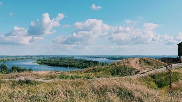 Picturesque view of the Kama River from the observation deck at the Yelabuga settlement. The movement of clouds over the river. Lower Kama National Park. Yelabuga, Republic of Tatarstan, Russia, 4K