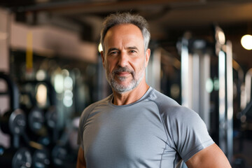 Fototapeta na wymiar Muscular brunette man in sportswear, smiling and looking at the camera on the background of the gym with copy space. Personal trainer. The concept of a healthy lifestyle and sports.