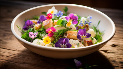 Bowl of rigatoni, with toasted cheese cubes, handmade, garnished with edible
 flowers