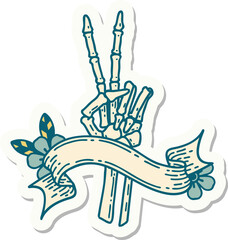 tattoo sticker with banner of a skeleton hand giving a peace sign