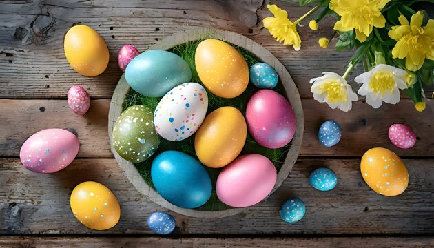 top-down photo of easter eggs in a bowl on a wooden table