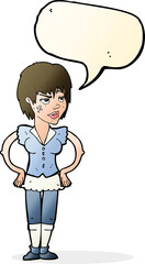 cartoon tough woman with hands on hips with speech bubble