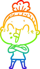 rainbow gradient line drawing cartoon happy old woman