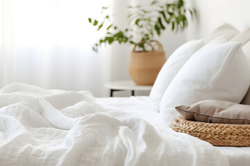 White folded blanket on cozy white bed in serene bedroom interior