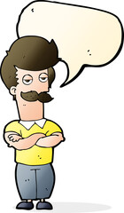 cartoon mustache muscle man with speech bubble