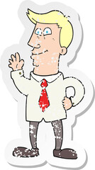 retro distressed sticker of a cartoon waving man