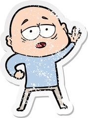distressed sticker of a cartoon tired bald man