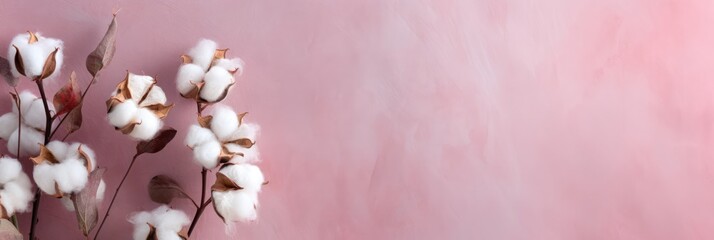 Stylish pink background, dry cotton sprig and pastel pink concrete background