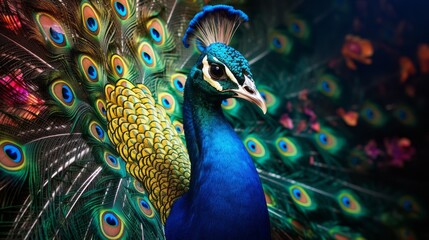 Close-up portrait of beautiful peacock with feathers out.