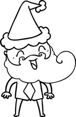 hand drawn line drawing of a happy bearded man wearing santa hat
