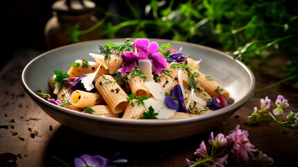 Bowl of rigatoni with parmesan cheese, handmade, decorated with edible
 flowers