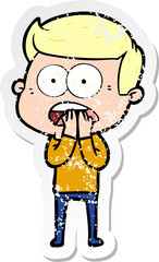 distressed sticker of a cartoon shocked man