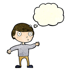 cartoon waving man with thought bubble