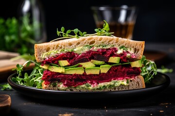 Healthy vegan beetroot hummus sandwich. beet, dairy-free cheese, avocado and arugula. - obrazy, fototapety, plakaty