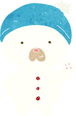 cartoon waving polar teddy bear in winter hat