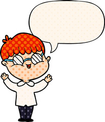 cartoon boy wearing spectacles and speech bubble in comic book style