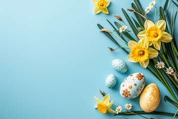 Easter composition with decorated eggs and yellow daffodils on a pastel blue background. Copy space.