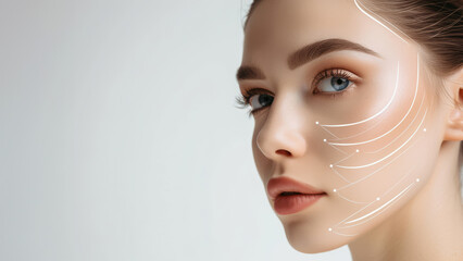 Beauty, technology and facial recognition for skincare with a woman in studio isolated on white background. Skin, hologram or change with a model scanning her face for makeup automation or innovation