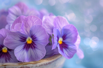 Obraz premium Beautiful violet pansy close up on a blurred background. Copy space.