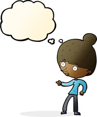 cartoon woman pointing with thought bubble