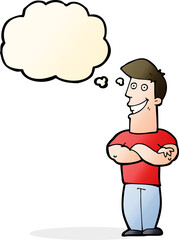 cartoon grinning man with thought bubble