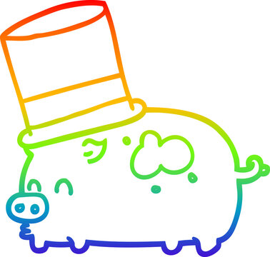 recommend clip art: rainbow gradient line drawing cartoon pig wearing top hat