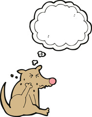 cartoon dog scratching with thought bubble