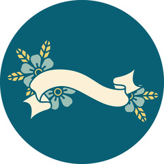 tattoo style icon of a banner and flowers
