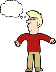 cartoon man shrugging shoulders with thought bubble