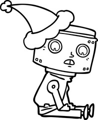 line drawing of a robot wearing santa hat