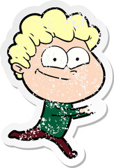 distressed sticker of a cartoon happy man