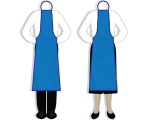 vector design, an illustration of two models, both male and female, wearing blue aprons used for cooking in the kitchen with white shirts and black pants