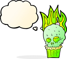 cartoon spooky skull cupcake with thought bubble
