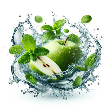 Clean water splash with mint leaves, green apple slices and splatters in water wave isolated on white background