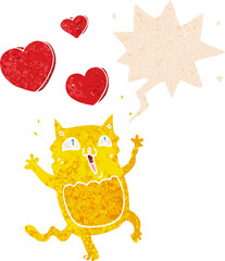 cartoon cat crazy in love and speech bubble in retro textured style