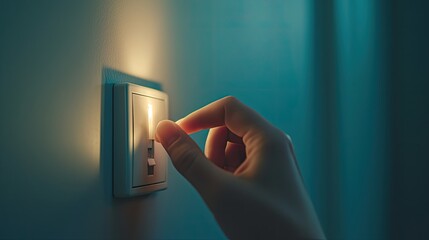 a light switch as it's touched by the finger of child, showcasing the square-shaped switch in a close-up macro shot from the left side with high key lighting.