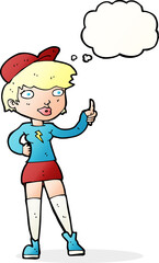 cartoon skater girl giving thumbs up symbol with thought bubble