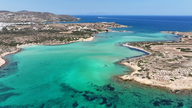 Aerial drone video of Feira a paradise landscape islet of Northern part of Antiparos island, Cyclades, Greece
