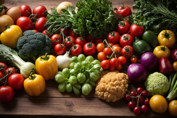 Assortment of fresh colorful organic vegetables on wooden pine table, healthy food background, top view, selective focus