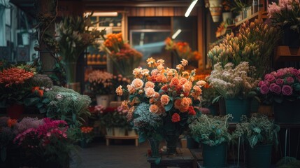 a flower shop brimming with oversized blooms in shades of dark orange, light pink, and light beige,...