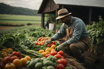 Anonymous chef harvesting fresh vegetables on a farm - obrazy, fototapety, plakaty