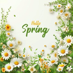 Lush White Daisies and Golden Flowers Encircle "Hello Spring" Text on a Bright Background