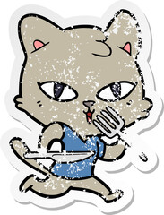 distressed sticker of a cartoon hungry cat